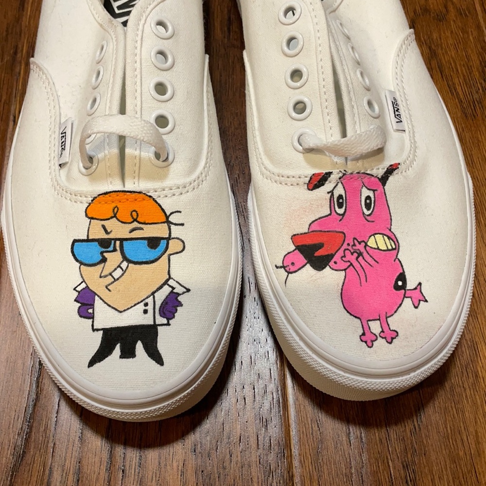 Custom Dexter and Courage off the wall White Vans